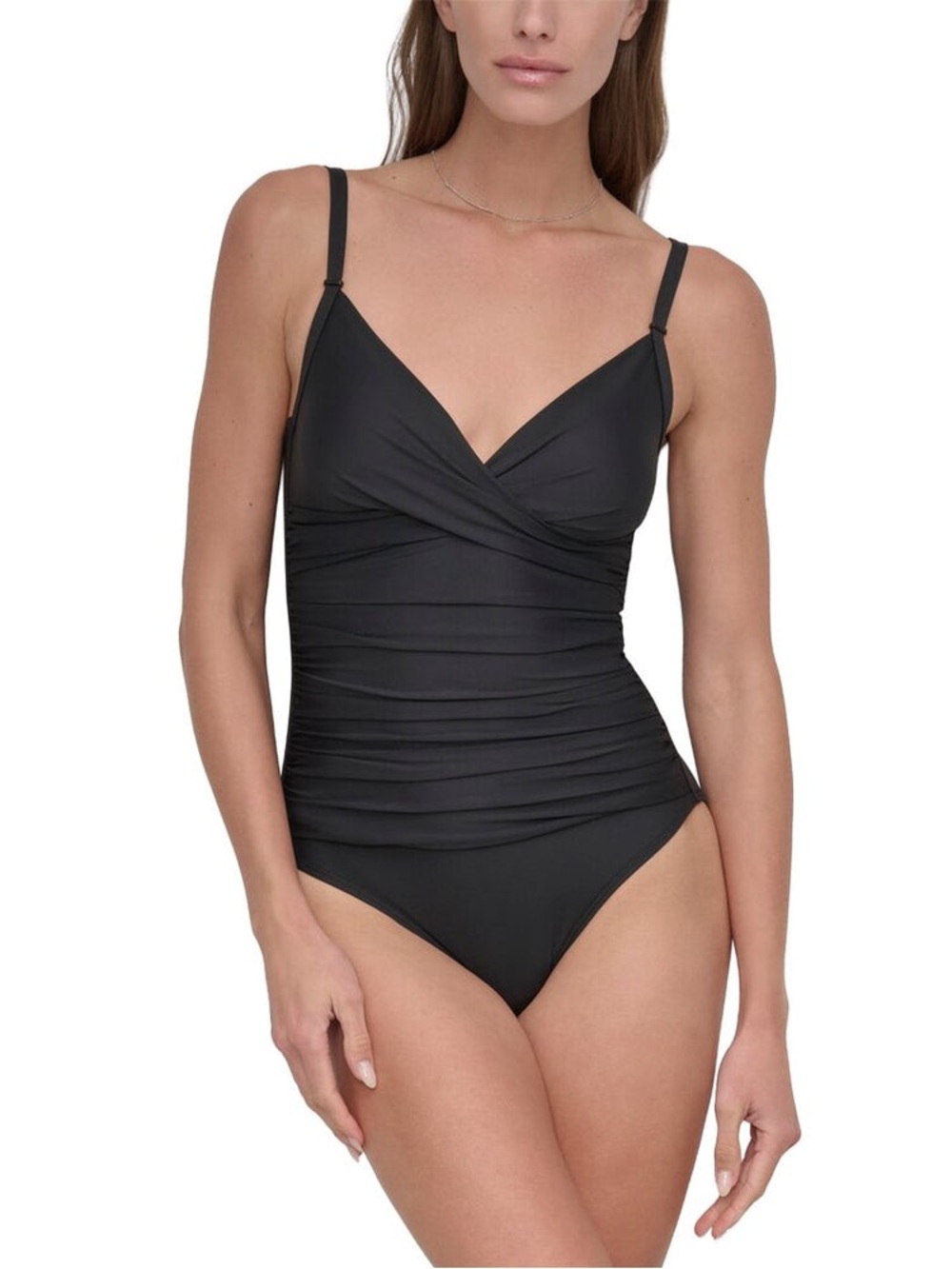 NWT DKNY Crossover Tummy Control Ruched One-Piece Swimsuit Black L